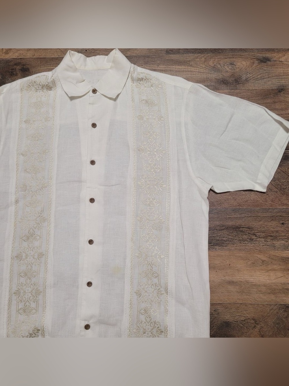 Men's Tommy Bahama Guayabera 100% Linen White Cream Embroidered Shirt Size L